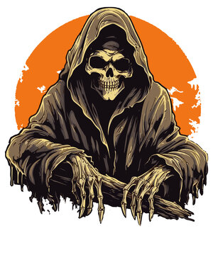 Grim Reaper - Gruseliger Sensenmann mit Mond im Hintergrund f&uuml;r Halloween im Grunge-Stil