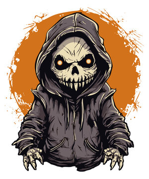 Grim Reaper - Gruseliger kleiner Sensenmann mit Mond im Hintergrund f&uuml;r Halloween im Grunge-Stil