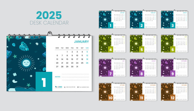 Desk Calendar 2025 Planner and Corporate Design Template Set, Annual Calendar 2025 Bundle for 12 Months, Week Starts Monday, Multiple Color Shapes with Vector Layout, Natural Hand-Drawn Calendar