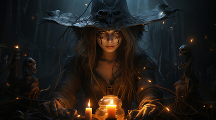 Obraz premium Gothic Witch Casting Dark Spells at Halloween Night