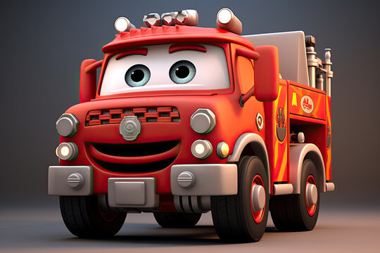 Cute Cartoon fire engine red colour 3d Character on a grey neutral background