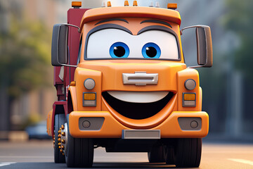 Cute Cartoon truck Character, ultra detailed, orange colour, on a street