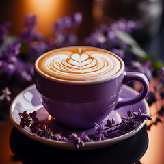 Lavender latte in a purple cup 