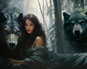 Drawing art of a dark-haired woman with two big wolves. AI Generative.