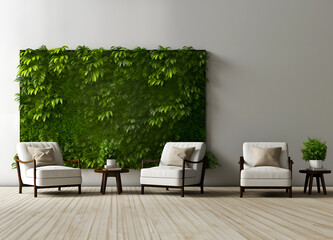 Modern armchairs and empty pattern wall in living room. AI Generative.
