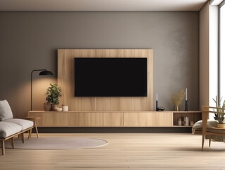 Interior mock up living room. cabinet for TV or place object in modern living room with lamp,table,flower and plant. AI Generative.