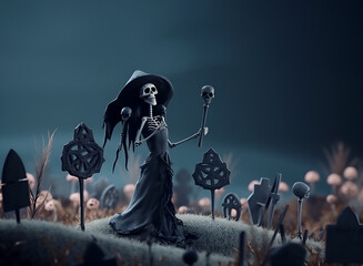 Skeleton witch with black castle on small hill and grave Halloween festival concept. AI Generative.