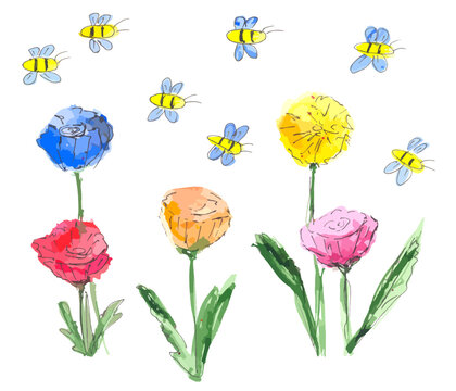 Blooming flowers and flying bees. Hand painted watercolor illustration. Vector isolated on white background.