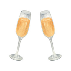Hand drawn champagne glasses clipart.  Watercolor celebrating beverages