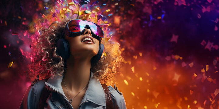 Young woman using virtual reality headset. VR glasses, futuristic, technology, online education, education, video game concept. Generative AI.