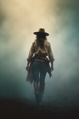 Fototapeta na wymiar old west cowgirl walking away. 