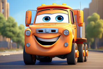 Cute Cartoon truck Character, ultra detailed, orange colour, on a street