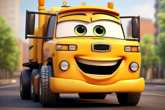 Happy Cartoon truck Character, ultra detailed, orange colour, on a street