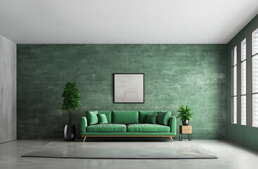 Modern green sofa and empty brick wall in living room interior. Generative AI.