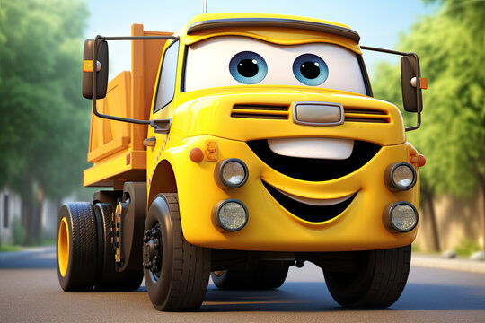 Smiling Cartoon truck Character, ultra detailed, orange colour, on a street