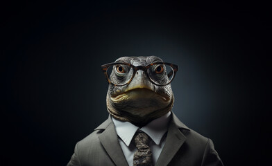 Standing turtle in a suit wearing glasses on agray background. Generative AI.