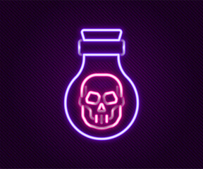 Glowing neon line Poison in bottle icon isolated on black background. Bottle of poison or poisonous chemical toxin. Colorful outline concept. Vector