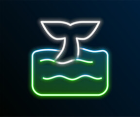 Glowing neon line Whale tail in ocean wave icon isolated on black background. Colorful outline concept. Vector