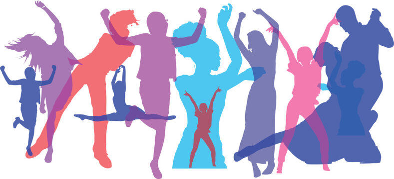 Vibrant Vector Illustration of a Multicolored Dance Party. This lively vector illustration captures the essence of a dance party with a group of people in various dynamic poses