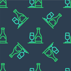 Line Wine bottle with glass icon isolated seamless pattern on blue background. Vector