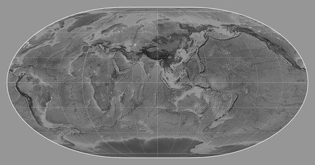 World map. Grayscale. Loximuthal projection. Meridian: 90 east