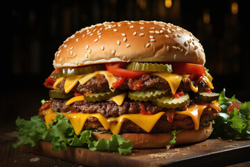 Delicious Cheese-Stuffed Double Burger. 