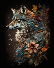Fantasy wolf portret in flowers and leaves