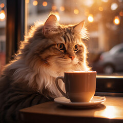 cat in cafe drinking a cup of coffee