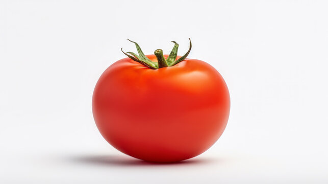 A tomato isolated on a white background. Single tomato, green stem. Studio photography. Dew, mist, washed.