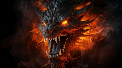 Fiery Chinese Dragon Head with Intense Expression and Orange Glow, Isolated on Black Background