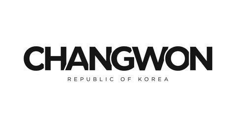 Changwon in the Korea emblem. The design features a geometric style, vector illustration with bold typography in a modern font. The graphic slogan lettering.