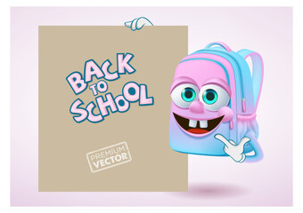 cute smiley school bag mascot cartoon vector in front of poster, back to school