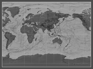 World map. Bilevel. Miller Cylindrical projection. Meridian: 90 east