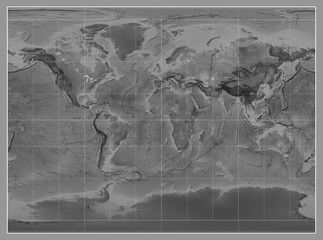 World map. Grayscale. Miller Cylindrical projection. Meridian: 0