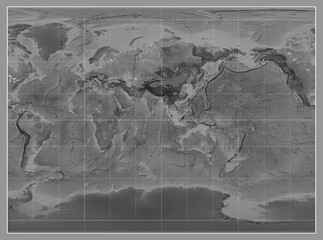 World map. Grayscale. Miller Cylindrical projection. Meridian: 90 east