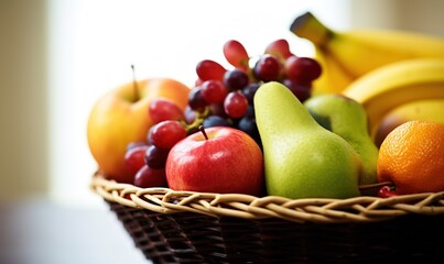 Composition with fruits and wicker basket on white Generative AI