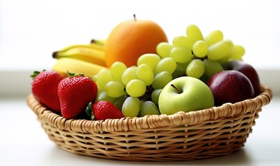 Composition with fruits and wicker basket on white Generative AI