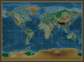 World map. Physical. Miller Cylindrical projection. Meridian: 0