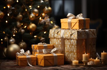 Christmas gifts box under the tree. Festive Christmas and New Year evening cozy background. generative ai