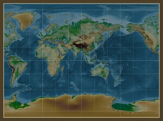 World map. Physical. Miller Cylindrical projection. Meridian: 90 east