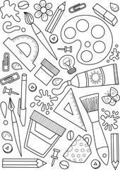Doodle page coloring book school supplies. Black and white vector zentangle illustration.