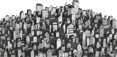 Sketch graphic illustration of hill houses on top of the mountain