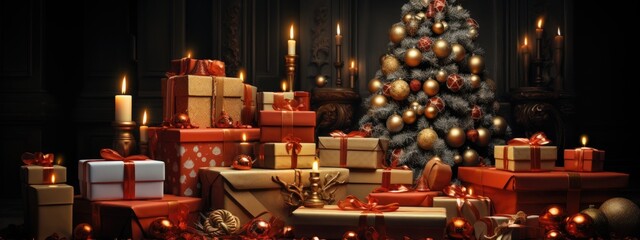 Fototapeta na wymiar Christmas gifts box under the tree. Festive Christmas and New Year evening cozy background. generative ai