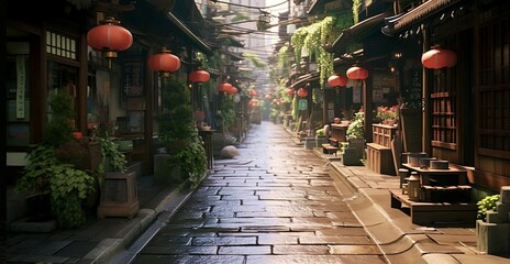 A street in the old city of china with lantern on it