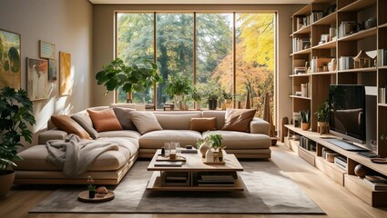 A living room with a couch coffee table and bookshelves with large glass of window
