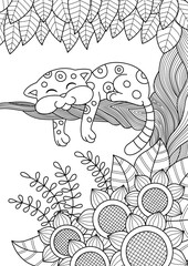 Fototapeta premium Cute leopard is lying on tree doodle coloring book page. Black and white vector zentangle illustration.