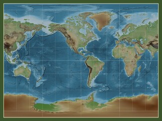 World map. Colored elevation. Miller Cylindrical projection. Meridian: -90 west