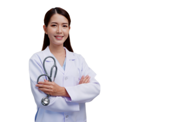 A female doctor wearing a medical gown stands and smiles on a transparent background or png background.