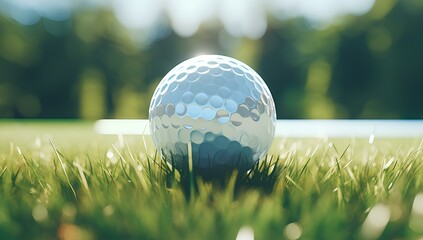 A golf ball lying on a lawn field, a golf banner.