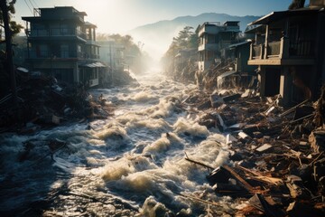 Devastating tsunami, portraying the immense destruction and chaos left in its wake. - obrazy, fototapety, plakaty